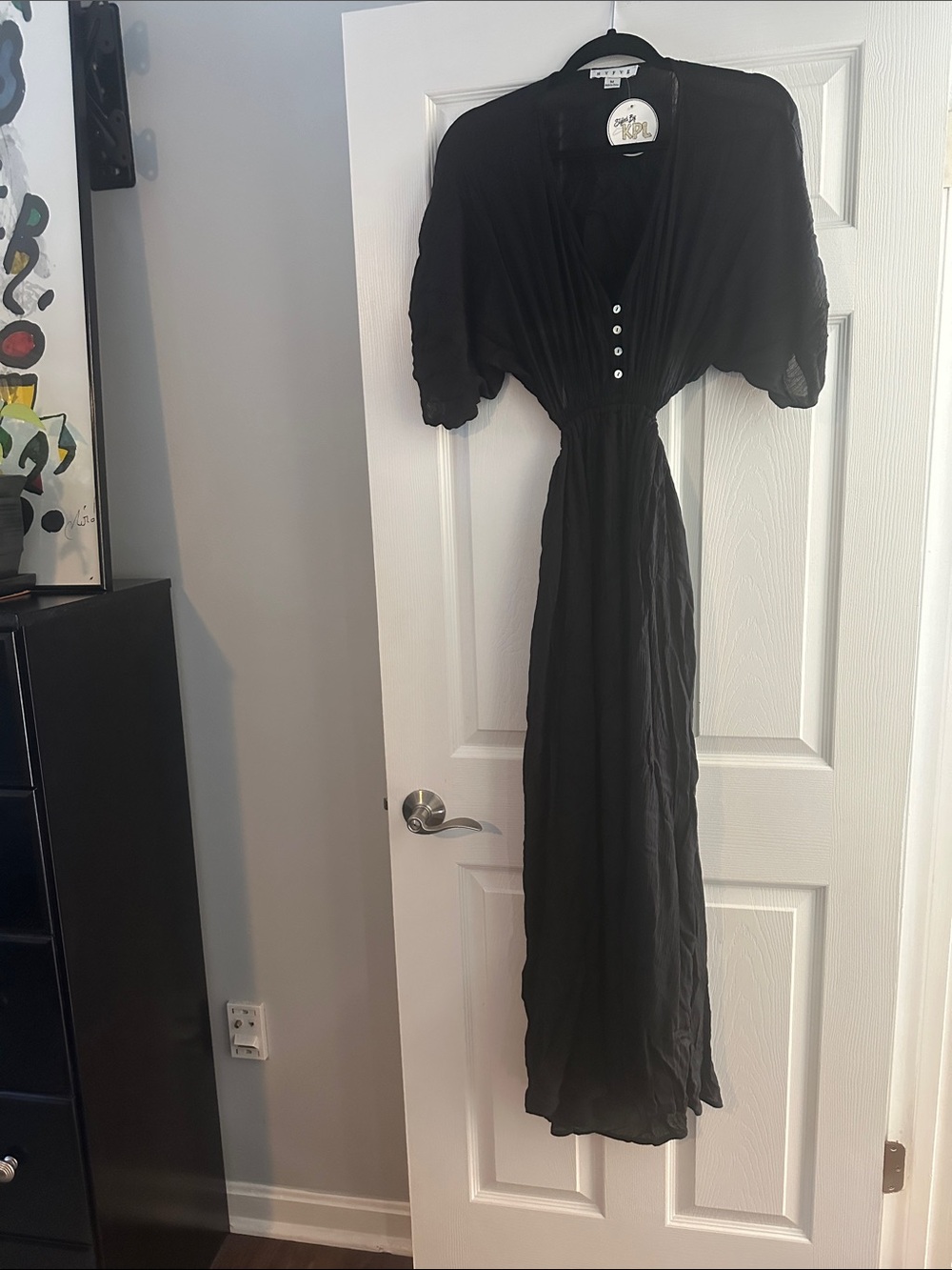 HYFVE Black Maxi Dress with Gathered Waist and Button Front